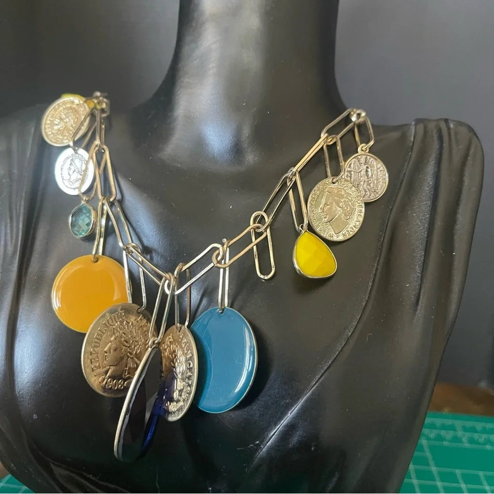 Anthropologie Gold Tone Medallion Coin Statement Necklace - Picture 3 of 3